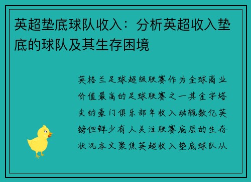 英超垫底球队收入：分析英超收入垫底的球队及其生存困境
